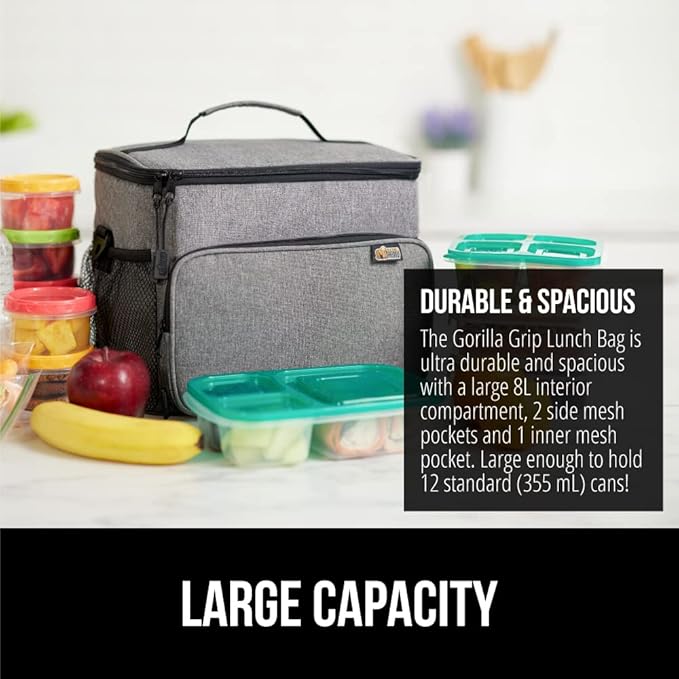 GORILLA GRIP Reusable Insulated Lunch Box Bag for Women Men, Large Leakproof Soft Cooler Bags, Multiple Compartments, Mesh Pockets, Adjustable Strap, Food Tote Keeps Drinks Cold, 8L, 10x9, Light Gray