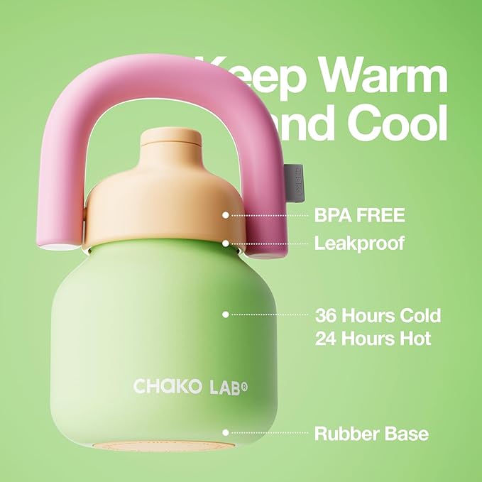 CHAKO LAB Water Bottle with Straw and Carry Handle | Wide Mouth vacuum insulated stainless steel Bottles | Reusable, leak-proof and BPA-free | 33oz(Green&Orange)