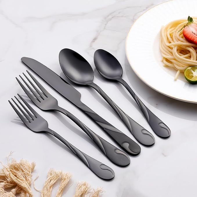 Black Silverware Set for 12, 60-Piece Stainless Steel Flatware Set, Shiny Black Metal Cutlery Set, Include Fork, Knife and Spoon Set, Dishwasher Safe