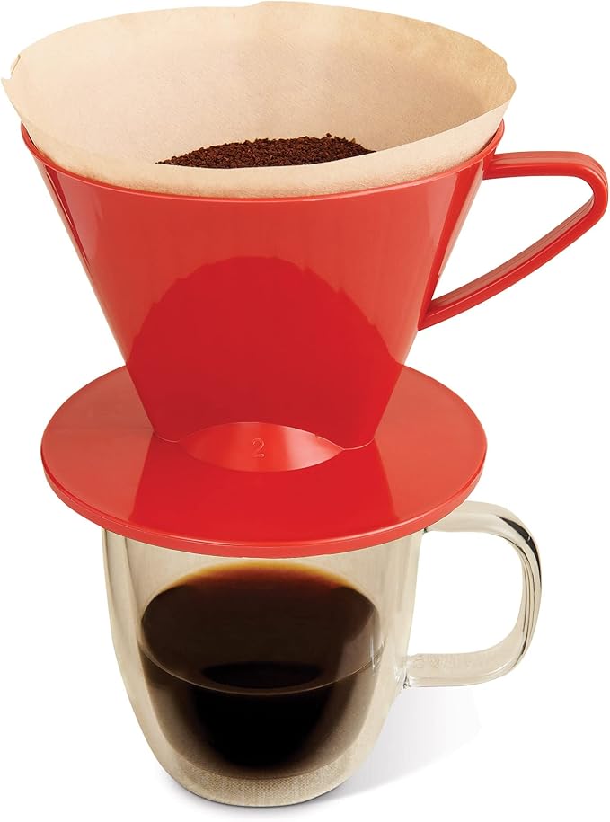 Fino Pour-Over Coffee Brewing Filter Cone, Number 2-Size, Red, Brews 2 to 6-Cups, Set of 2