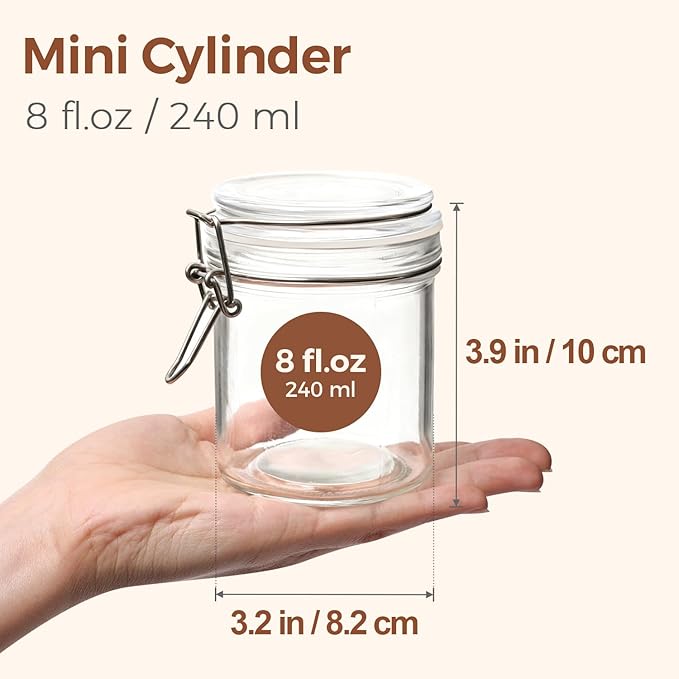 ComSaf 8oz Small Airtight Glass Jars Set of 6 with Lid Food Storage Jar Round, Mini Storage Container with Clear Preserving Seal Wire Clip Fastening for Kitchen Canning, Jam, Spice, Honey, Mason Jars
