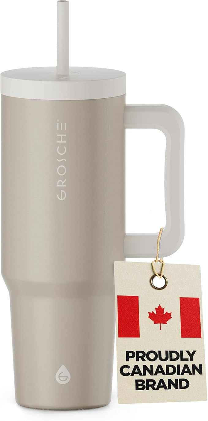 GROSCHE ASPEN 40 oz tumbler with handle and straw. Extreme insulation, classy design, built to last insulated stainless steel tumbler with handle, lid and straw - Sand Beige