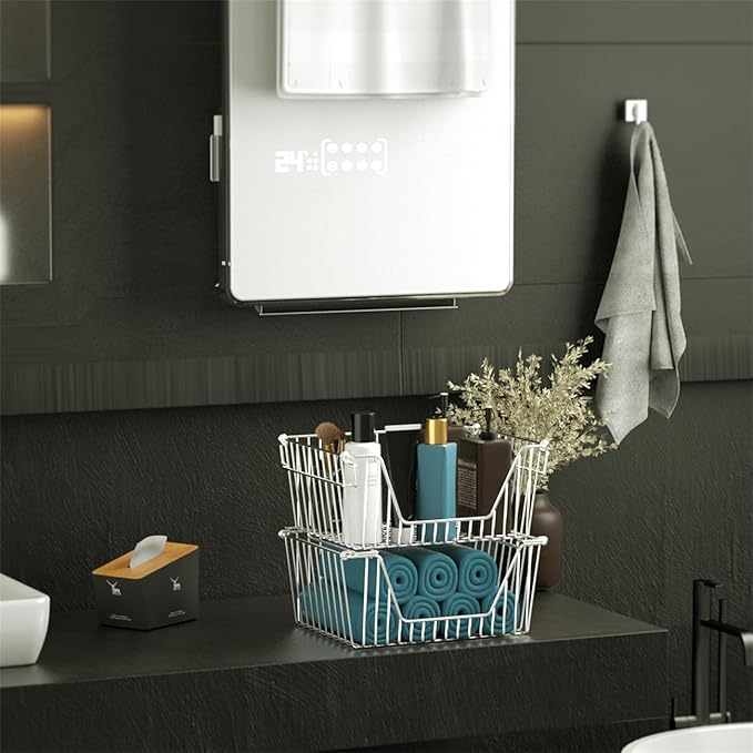 SANNO 14" Stackable Baskets Pantry Bins Storage Baskets Metal Wire Basket, Storage Organizer Basket Open Front for Kitchen Cabinets, Pantry, Closets, Bedrooms, Bathrooms 3 Pack