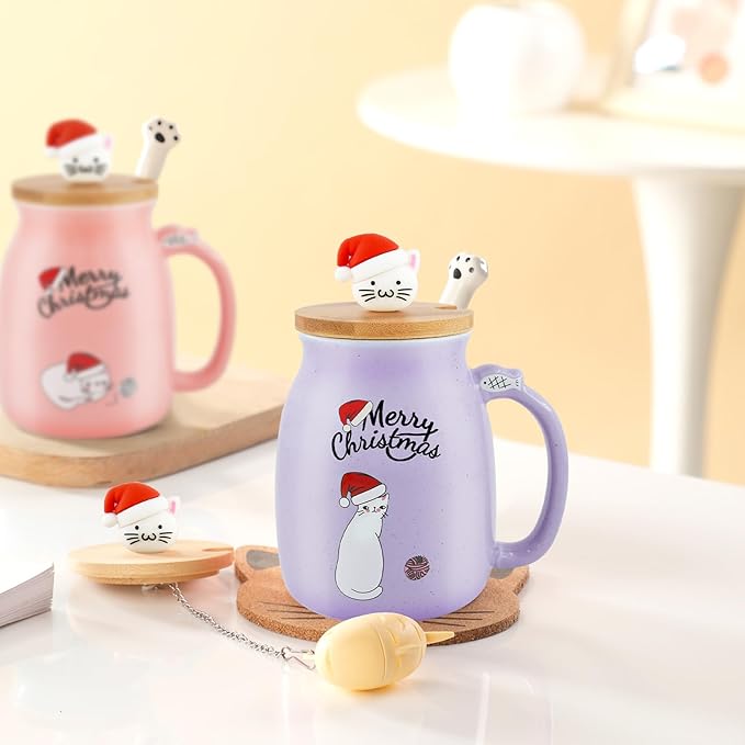BigNoseDeer Christmas Mugs Kawaii Cat Mug Tea Cup with Infuser Cute Mugs Ceramic Coffee Mug with Lid, Spoon,Coaster Kitty Tea Mug Christmas Gifts Cat Lovers Gifts (Purple 13oz)