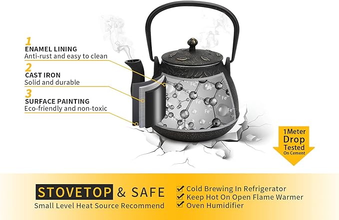 Toptier Tea Kettle for Stove Top, Cast Iron Teapot Stovetop Safe with Infusers for Loose Tea, 54 oz, Black