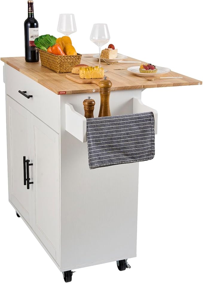VEVOR Kitchen Island Cart with Solid Wood Top, 35.4" Width Mobile Carts with Storage Cabinet, Rolling Kitchen Table with Spice Rack, Towel Rack, Drop Leaf and Drawer, Portable Islands on Wheels, White