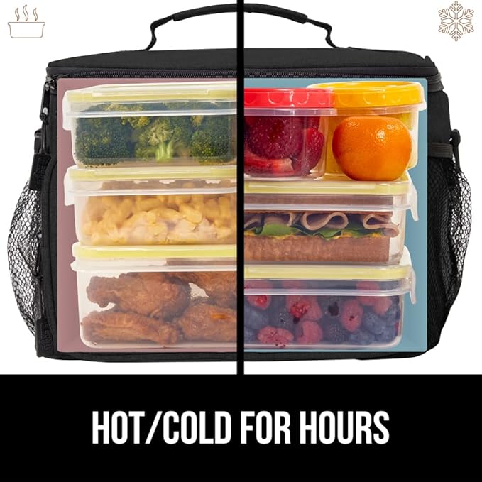 GORILLA GRIP Reusable Insulated Lunch Box Bag for Women Men, Large Leakproof Soft Cooler Bags, Multiple Compartments, Mesh Pockets, Adjustable Strap, Food Tote Keeps Drinks Cold, 8L, 10x9, Black