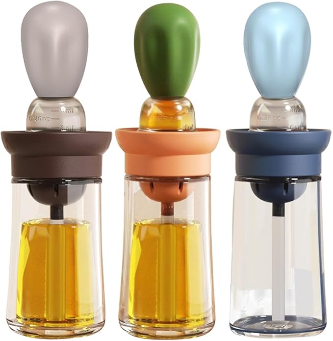 Oil Dispenser with Brush - 3 Pack 2 IN 1 Olive Oil Dispensing Bottle with Basting Brush for Cooking Frying Baking Kitchen, 180ml, T-OB21 Blue+Grey+Green