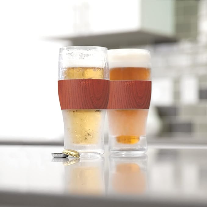 Host Freeze, Frozen Mugs, Freezable Pint Set, Beer Keep Your Drinks Cold, Double Walled Insulated Glasses, Tumbler for Iced Coffee, 16oz, Set of 2, Wood
