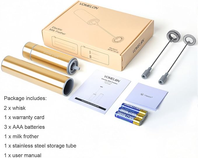 Milk Frother Handheld, Battery Operated Coffee Foamer Drink Mixer with 2 Stainless Steel Electric Whisks for Coffee, Latte, Cappuccino, Hot Chocolate, Protein， Batteries Included, Golden