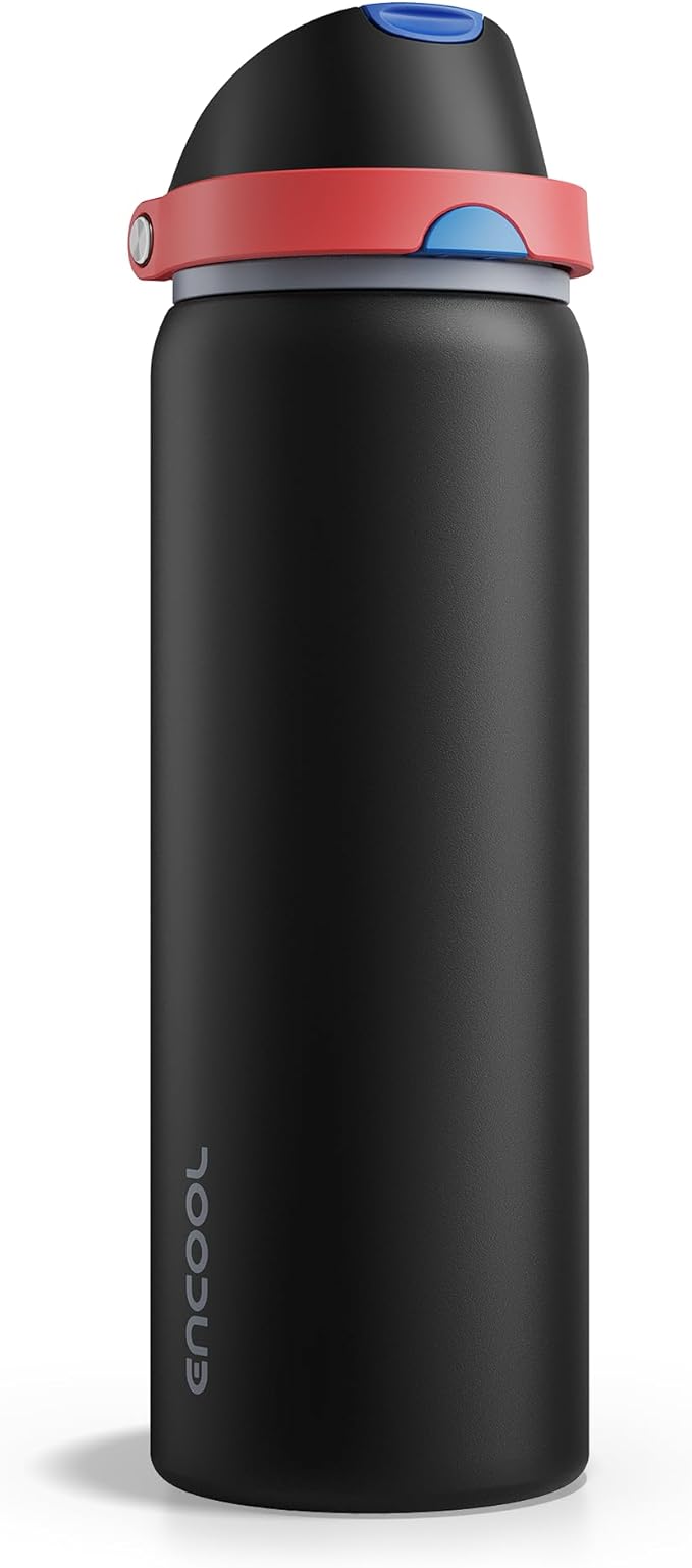 Insulated Water Bottle with Straw - Encool Stainless Steel Water Bottle with Push Button Lid, Leak-Proof & BPA-Free, Keeps Cold for 24 Hours for Sports, Travel, Gym (32 oz, Oil Black)
