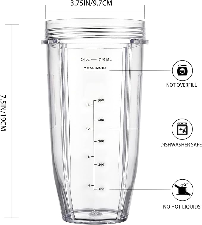 Replacement 24oz Cups for Nutri Ninja Blenders, Blender Replacement Parts with Upgraded Lid for BL450 BL454 BL480 BL482 BL640 BL642 BL682 BN801 SS101 SS351 SS401, Ninja Blender Auto IQ Blade, 2 Packs