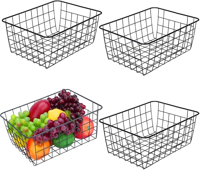 LeleCAT Wire Baskets with Handles, Wire Storage Organizer Baskets, Household Refrigerator for Cabinets, Pantry, Closets, Bedrooms - Set of 4（Black)