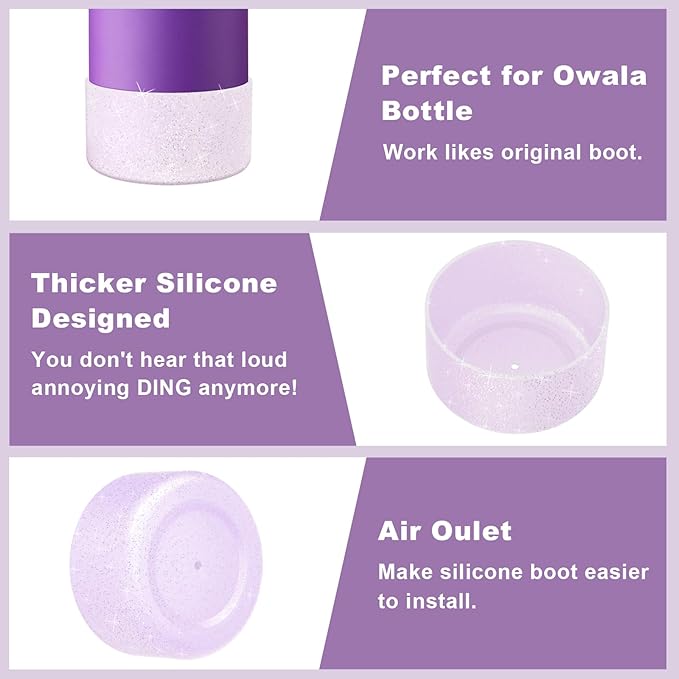 2PCS Silicone Water Bottle Boot for Owala 32oz, Protective Bottom Bumper Anti-Slip Sleeve for FreeSip, Twist, and Flip Stainless Steel Bottles, Dishwasher Safe and BPA Free(Shiny Purple)