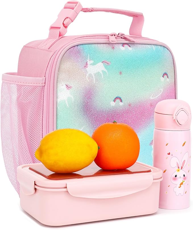FlowFly Kids Lunch box Insulated Soft Bag Mini Cooler Back to School Thermal Meal Tote Kit for Girls, Boys, Glitter-Unicorn