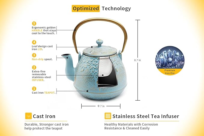 Tea Kettle, TOPTIER Japanese Cast Iron Tea Kettle with Infuser for Loose Leaf and Tea Bags, Stovetop Safe Cast Iron Teapot Coated with Enameled Interior for 40 oz (1200 ml), Turquoise Blue