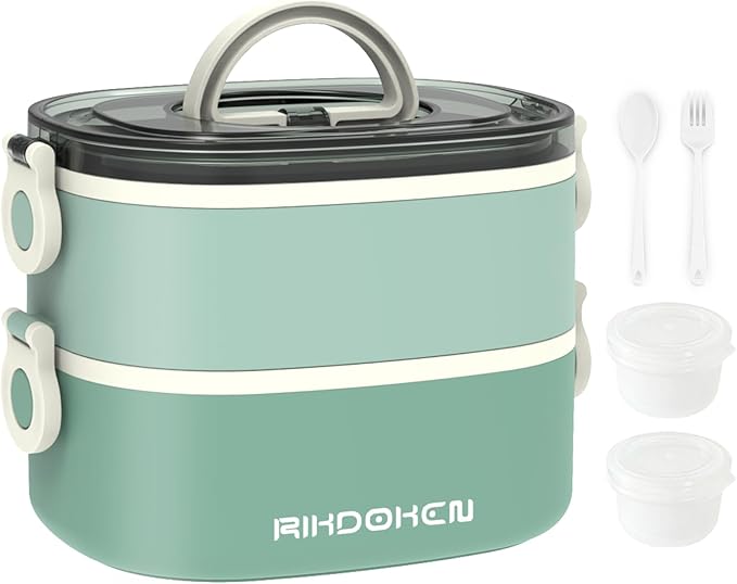 Lunch Box, Stackable 2 Layers Containers, Portable 64OZ Large Capacity Leakproof Bento Box with Spoon & Fork & Sauce Boxes, Microwave Safe Lunch Box for Kids and Adults