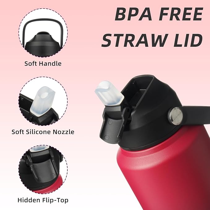 BJPKPK Water Bottle with Straw Lid, 32oz Vacuum Insulated Water Bottles, Metal Stainless Steel Thermo for Sports, Travel, BPA Free Leak Proof Thermo, Cups, Flasks, Tumblers,Charming Red