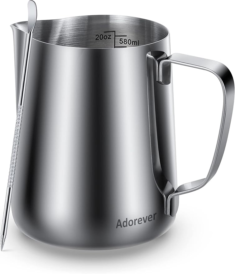 Milk Frothing Pitcher, 20oz Steaming Pitcher Stainless Steel Espresso Machine Accessories for Coffee Bar, Cappuccino Barista Tools Milk Jug Steamer Frother Cup with Decorating Latte Art Pen