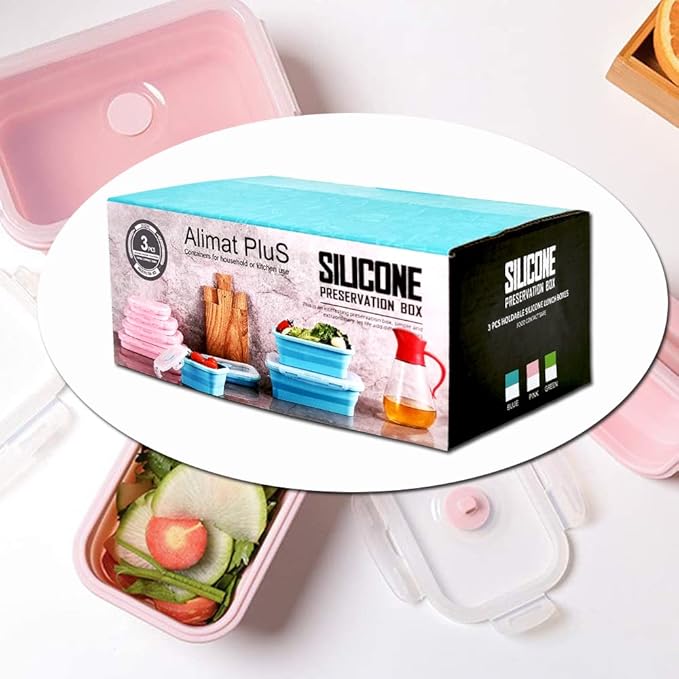 Alimat PluS Silicone Food Storage Containers with Lids, 3 Pack Set 27oz(800ml) Collapsible Meal Prep Lunch Containers, Microwave, Freezer and Dishwasher Safe