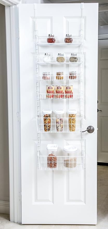 Smart Design Over The Door Adjustable Pantry Organizer Rack w/ 6 Adjustable Shelves - Steel Metal - Hanging - Wall Mount - Cans, Spice, Storage, Closet - Kitchen [White]
