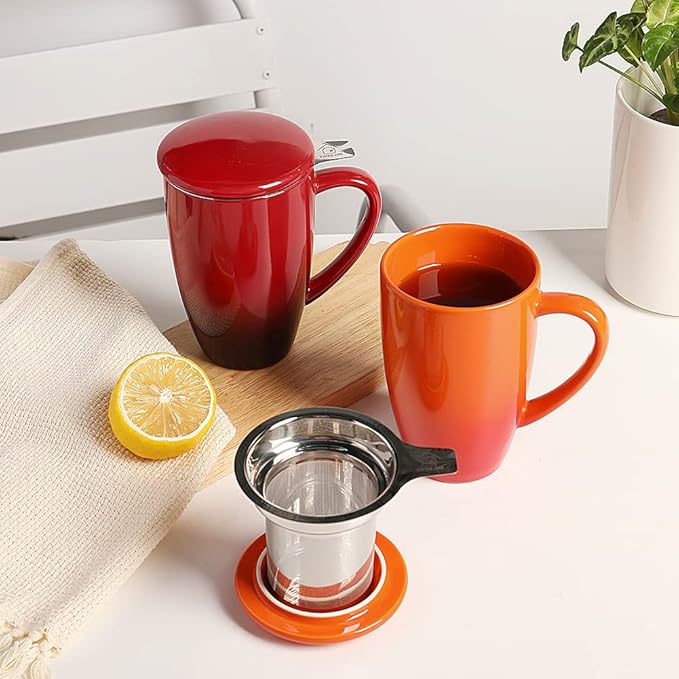 Sweejar Porcelain Tea Mug with Infuser and Lid,Teaware with Filter, Loose Leaf Tea Cup Steeper Maker, 16 Fl Oz for Tea/Coffee/Milk/Women/Office/Home/Gift (Gradient Orange)