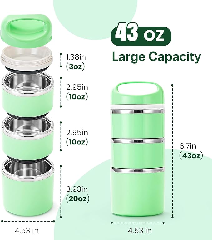 Lille Home Stackable Stainless Steel Lunch Containers, 43OZ Capacity 3 Layers Leakproof Bento Box for Adult, Portable Lunch Box for Women, Man, Travel, Office with Lunch Bag (Green.Pro)