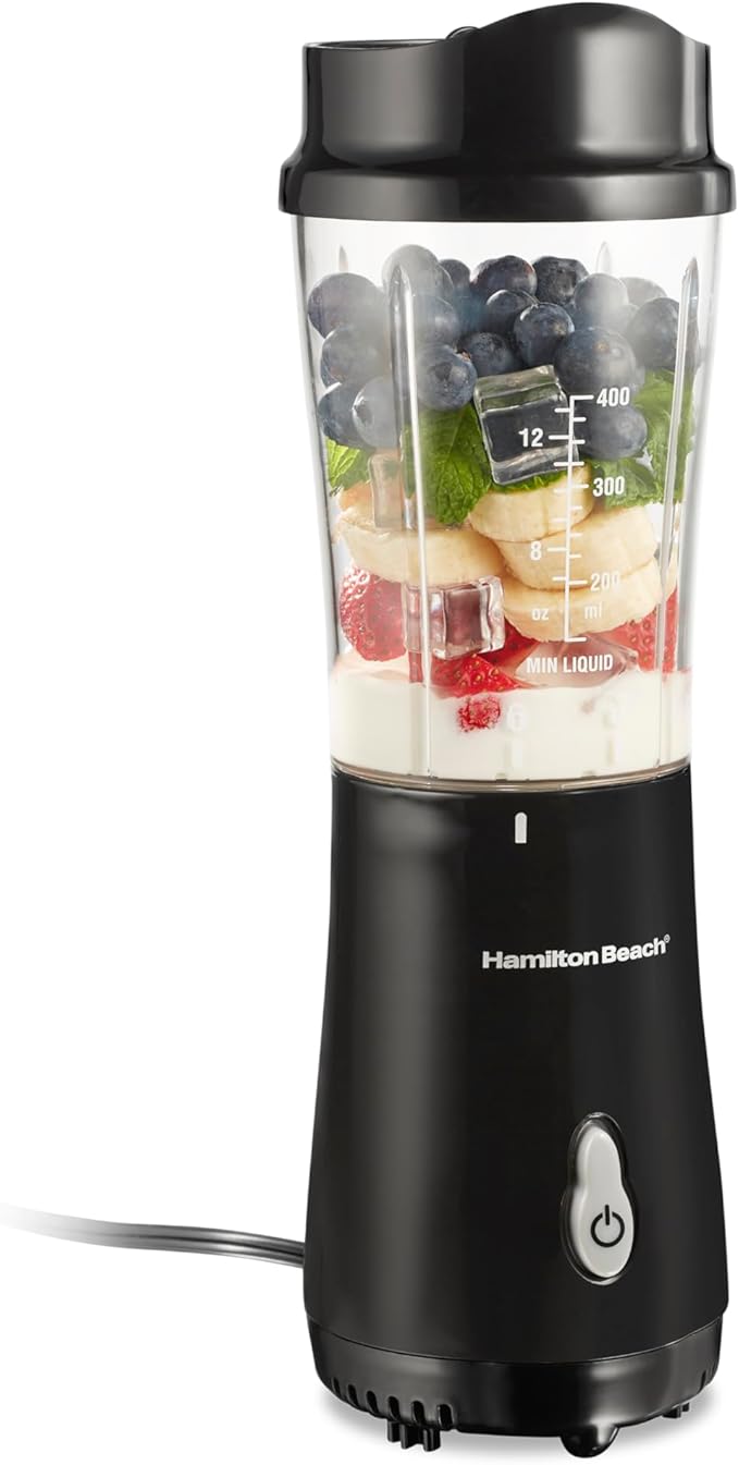 Hamilton Beach Portable Blender for Shakes and Smoothies, 14 Oz BPA Free Travel Cup & Lid, Durable Stainless Steel Blades, Personal Smoothie Blender, Black (51101AG)