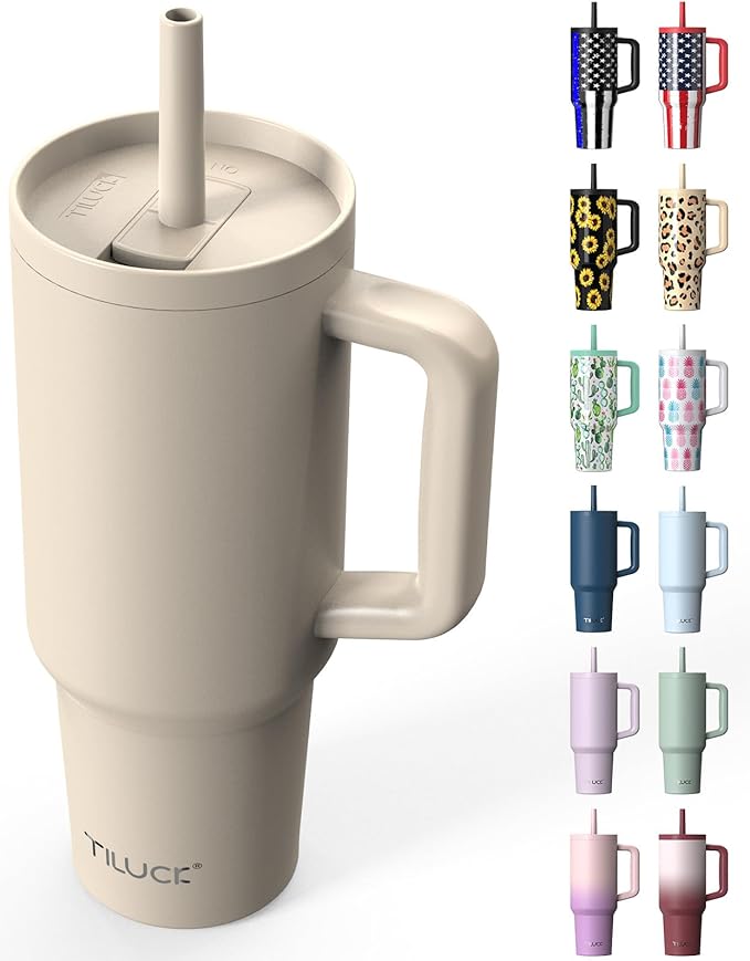 TILUCK 40 oz Tumbler with Handle, Vacuum Insulated Stainless Steel Travel Mug with 100% Leak-Proof Silicone Straw Lid, Cupholder Friendly Water Bottle(MistyGray, 40oz)