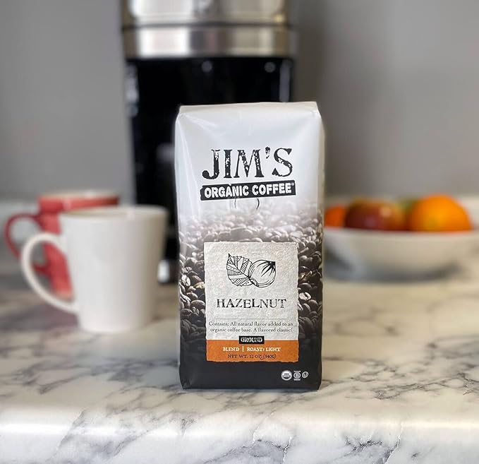 Jim’s Organic Coffee – Hazelnut, All Natural Flavored Blend – Light Roast, Ground Coffee, 12 oz Bag