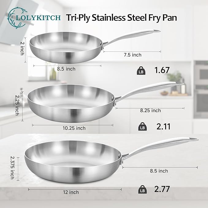 LOLYKITCH Tri-Ply Stainless Steel Frying Pan Set, 3-Piece (8+10+12 Inch) Stainless Steel Cookware, Induction Compatible Skillets for All Stovetops, Dishwasher Safe Pans