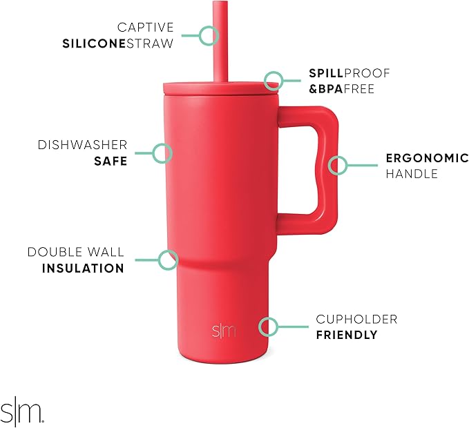 Simple Modern Kids 24 oz Tumbler with Handle and Silicone Straw Lid | Spill Proof and Leak Resistant | Reusable Stainless Steel Bottle | Gift for Kids Boys Girls | Trek Collection | Radiate Red