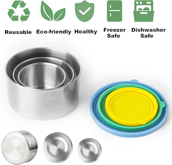 LALASTAR Stainless Steel Food Containers with Lids, Set of 3 Reusable Snack Containers (110 ml, 220ml, 400ml), Leakproof Silicone Lids, Metal Food Storage Containers for Snack, Lunch, Bento, Sauce