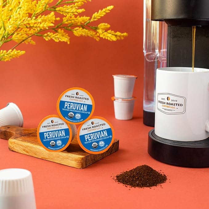 Fresh Roasted Coffee, USDA Organic Peru Water-Processed Decaf | 3rd Party Tested for Pesticides, Mold, Mycotoxins, Kosher | 100% Arabica, Specialty Grade, Med Roast 72 Pods for K Cup Brewers