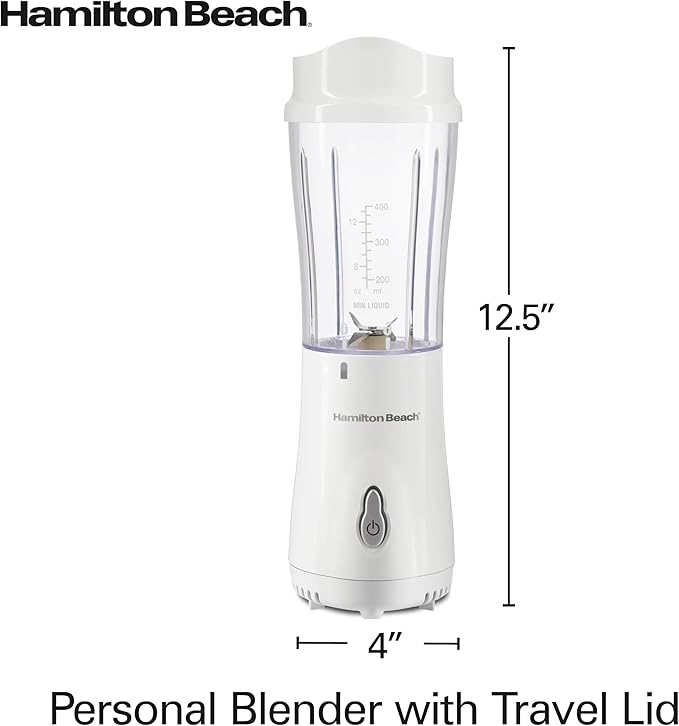 Hamilton Beach Portable Blender for Shakes and Smoothies, 14 Oz BPA Free Travel Cup & Lid, Durable Stainless Steel Blades, Personal Smoothie Blender, White ( 51101V)