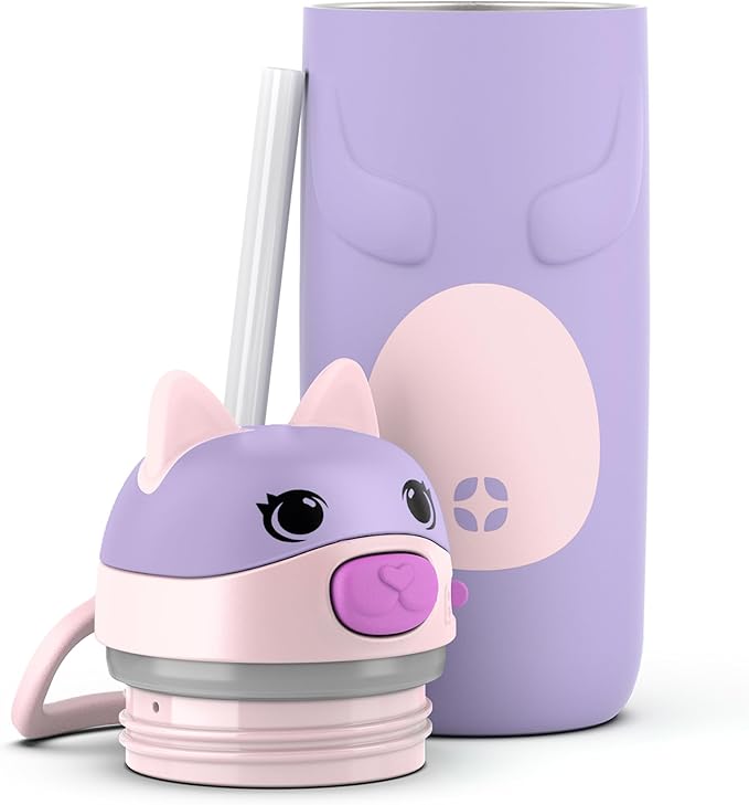 Ello Ellies 12oz Vacuum Insulated Stainless Steel Kids Water Bottle with Straw and Built-in Carrying Handle and Leak-Proof Locking Lid for School Backpack, Lunchbox and Outdoor Sports, Cat