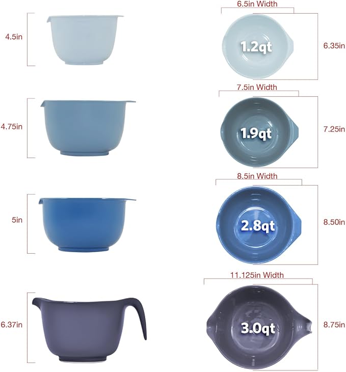 Glad Mixing Bowls with Pour Spout, Set of 4 - Nesting Plastic Bowls (1.2qt, 1.9qt, 2.8qt, and 3qt with Handle) - Non Slip Base, Dishwasher Safe Kitchen Cooking and Baking Supplies, Blue