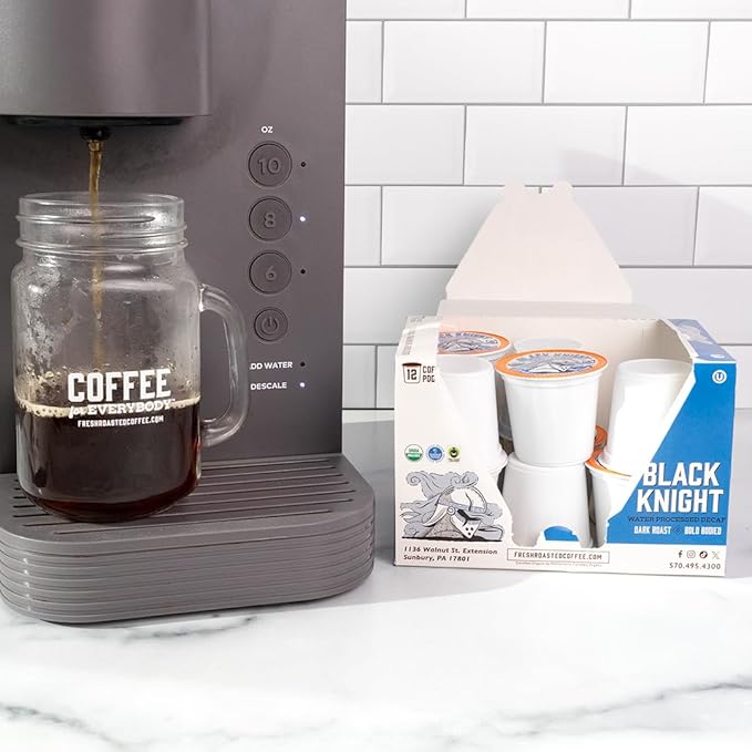 Fresh Roasted Coffee, Organic Black Knight Water-Processed Decaf | USDA Organic, Kosher | Dark Roast | 24 Pods for K Cup Brewers