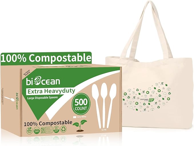 Extra Heavyduty Compostable Spoons [500 Count,6.7In] Disposable Cutlery No Plastic Spoons Large Biodegradable Utensils Eco Friendly Silverware for Party,BBQ,Daily Use [With Tote]