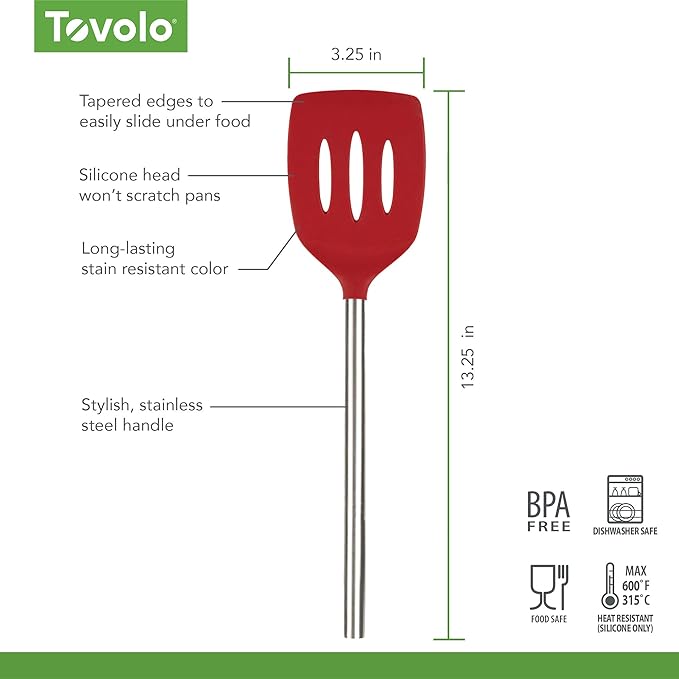 Tovolo Silicone Slotted Turner With Stainless Steel Handle, Pancake Spatula, Scratch-Resistant Kitchen Utensil for Nonstick Cookware & Cast Iron Skillets, 1 Count