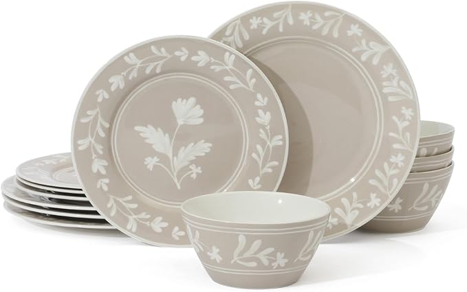 Martha Stewart Maiden Crown 12-Piece Taupe Dinnerware Set – Vegan Bone China Ceramic Plates & Bowls – Floral Design – Service for 4 – Dishwasher & Microwave Safe