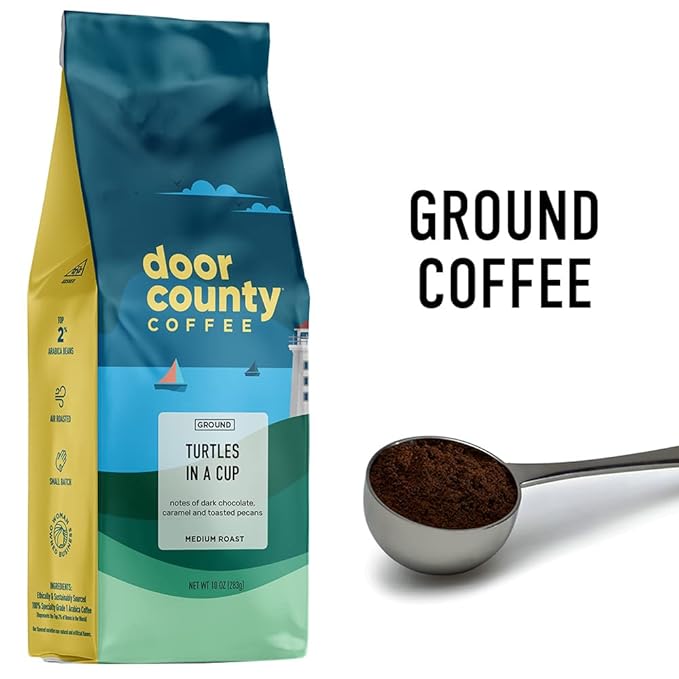 Door County Turtles in a Cup Flavored Coffee - Medium Roast - 10 oz Bag - 100% Specialty Grade 1 Arabica Coffee