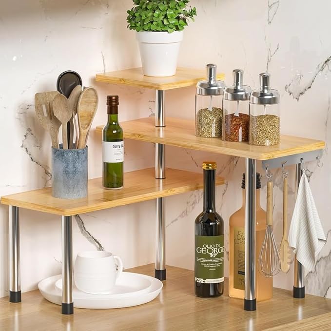 ZHWS Kitchen Countertop Organizer Spice Rack for Salt, Bathroom Counter Organizer Over Sink for Makeup, Skincare, Adjustable 3-Tier Corner Counter Shelf with 4 Hooks for Coffee Bar Dresser Table