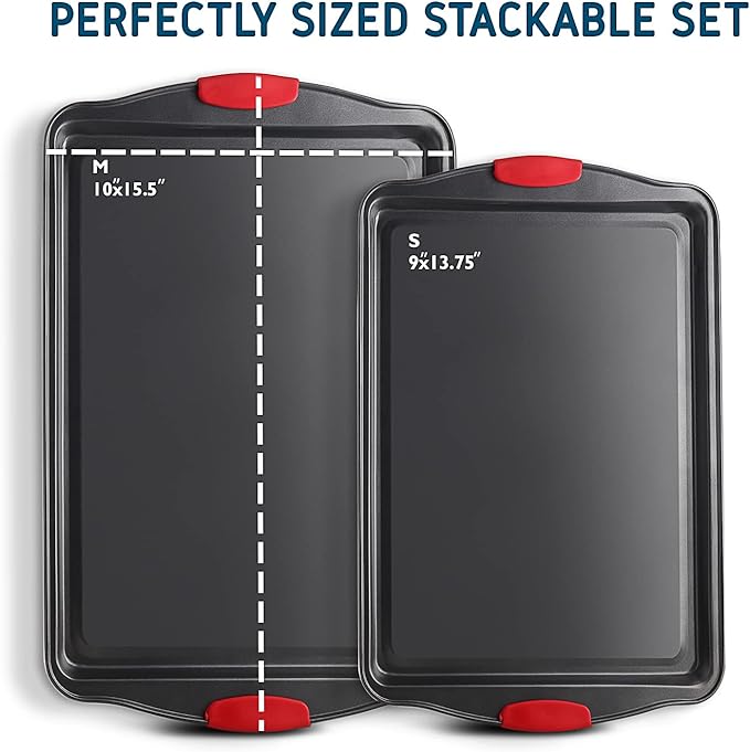 JOYTABLE Baking Sheet, 2PC Cookie Sheet Set with Silicone Handles, Nonstick Steel Baking Pan, Baking Sheets for Oven, BPA Free Baking Pans Set, Cookie Sheets– Black Bakeware, Small & Medium