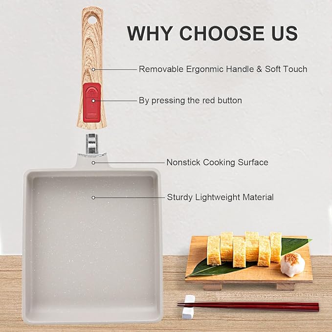 Nonstick Tamagoyaki Pan Large, Japanese Omelette Square Egg Pan Nonstick, Detachable Handle, PFAS & PFOA-Free, Oven Safe