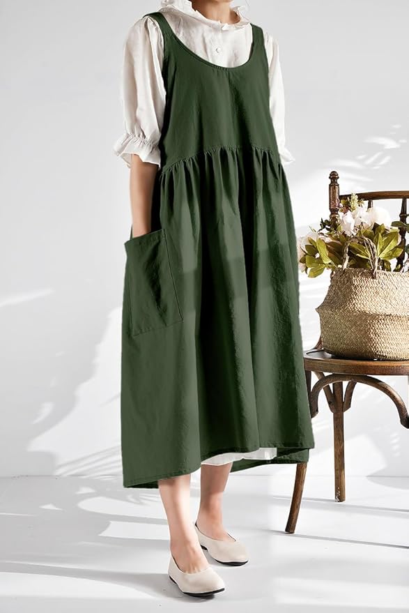 Uaussi Cotton Linen Apron Cross Back Work Apron for Women with Pockets Pinafore Dress X Cross Halter Apron for Chef Gardening