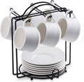 YHOSSEUN Espresso Cups Set with Saucers and Metal Stand Coffee Cup Set of 6 4 oz Cappuccino Cups Teacup for Tea Party - White