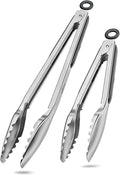 Cooking Tongs with Teeth, Premium Stainless Steel Kitchen Tongs Set of 2-9" and 12", Heavy Duty Locking Metal Food Tongs with Non-Slip Grip - Black