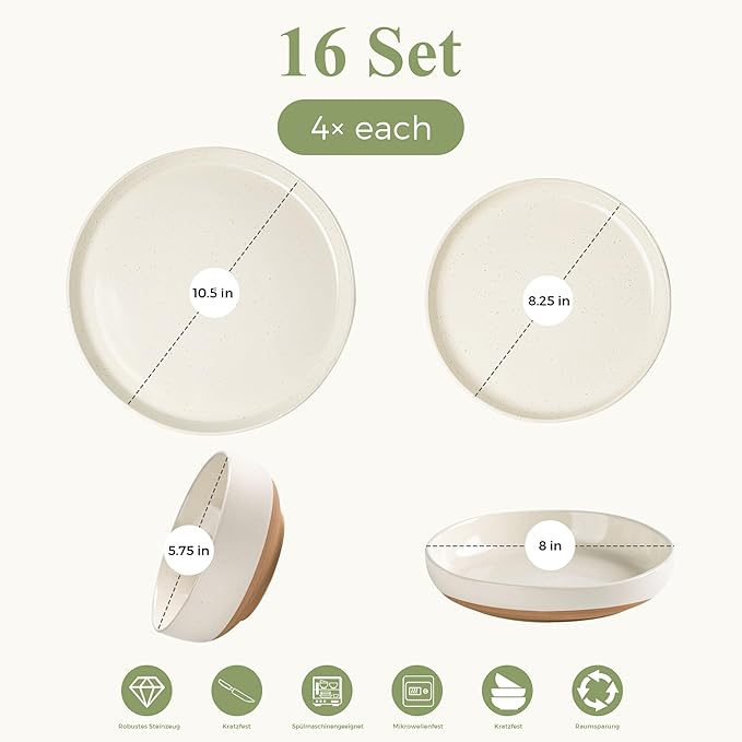 AmorArc Ceramic Dinnerware Sets with Pasta Bowls for 4, Handpainted Plates and Bowls Set with Rustic Terracotta Underside, Scratch Resistant Dishes Set, Dishwasher & Microwave Safe, 16 Pcs