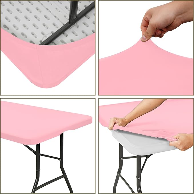 6 Pack Fitted Tablecloth for 6 Foot Rectangle Tables, Pink Elastic Outdoor Picnic Table Cover, Washable Stretch Folding Table Cloths 6 ft for Camping Party Patio Kitchen Banquet, 30" W x 72" L